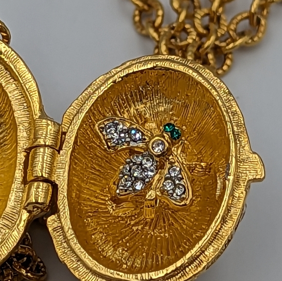 Joan Rivers Pave Crystal Egg Charm Locket Necklace Gold Tone 30" Chain With Bee - Picture 6 of 8